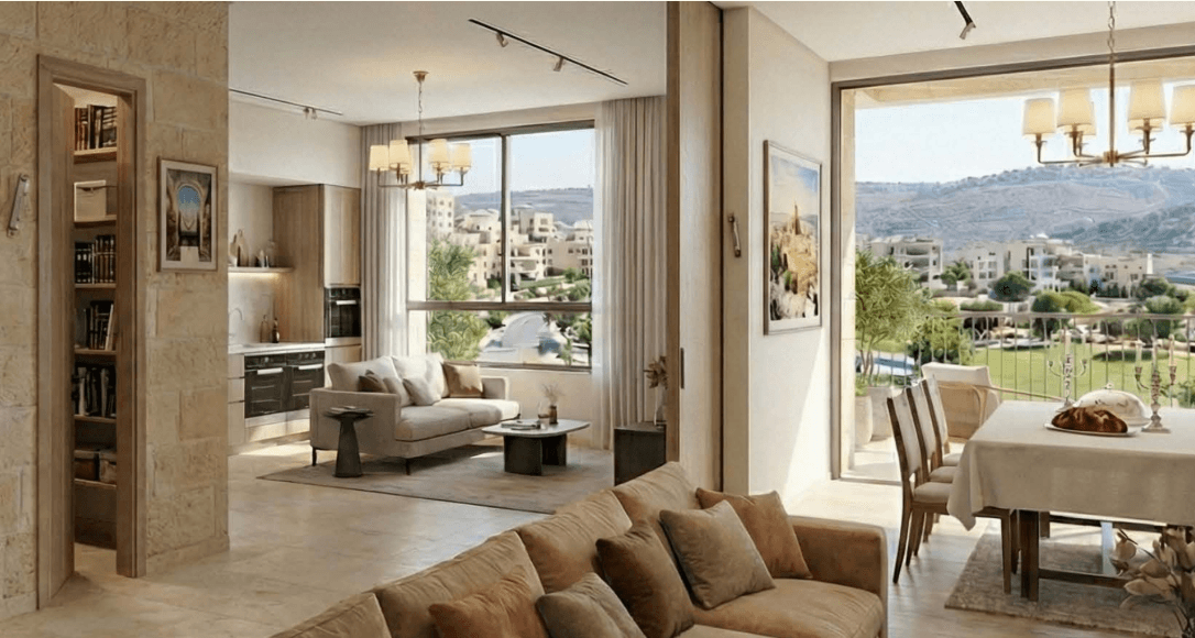 Interior rendering of an Efrat apartment living and dining area